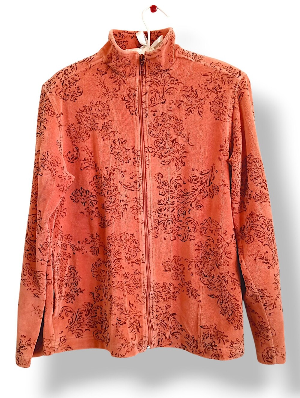 Chico's Coral Damask Print Full-Zip Fleece Spa Jacket Warm Cozy Vintage 90s Y2k